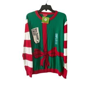 Men's Ugly Sweater Large Multicolor Striped 100% Cotton Knit Ribbed Long Sleeve